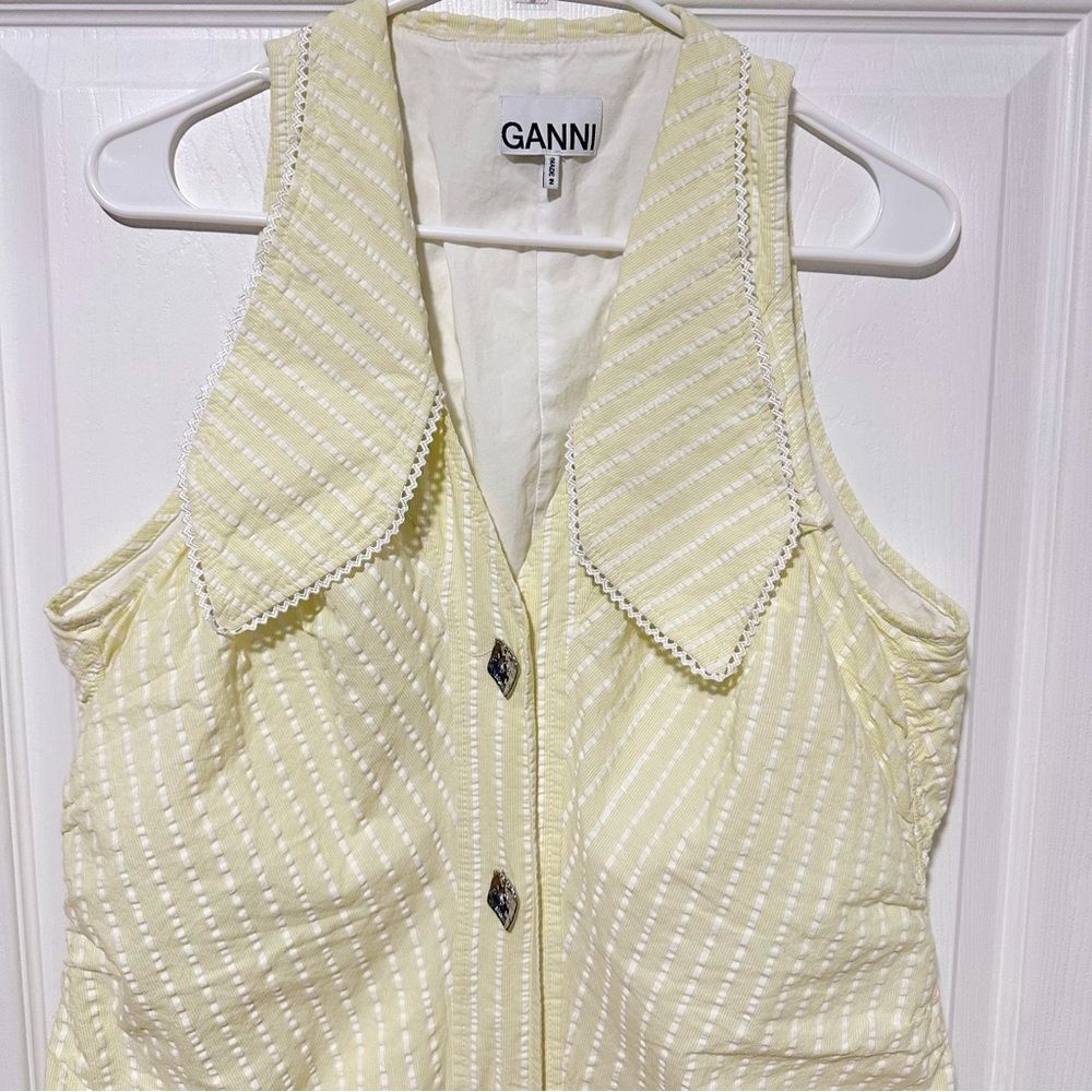 Ganni Seersucker Stripe Midi Dress Stripe Flan Size 14 Yellow - Picture 7 of 16